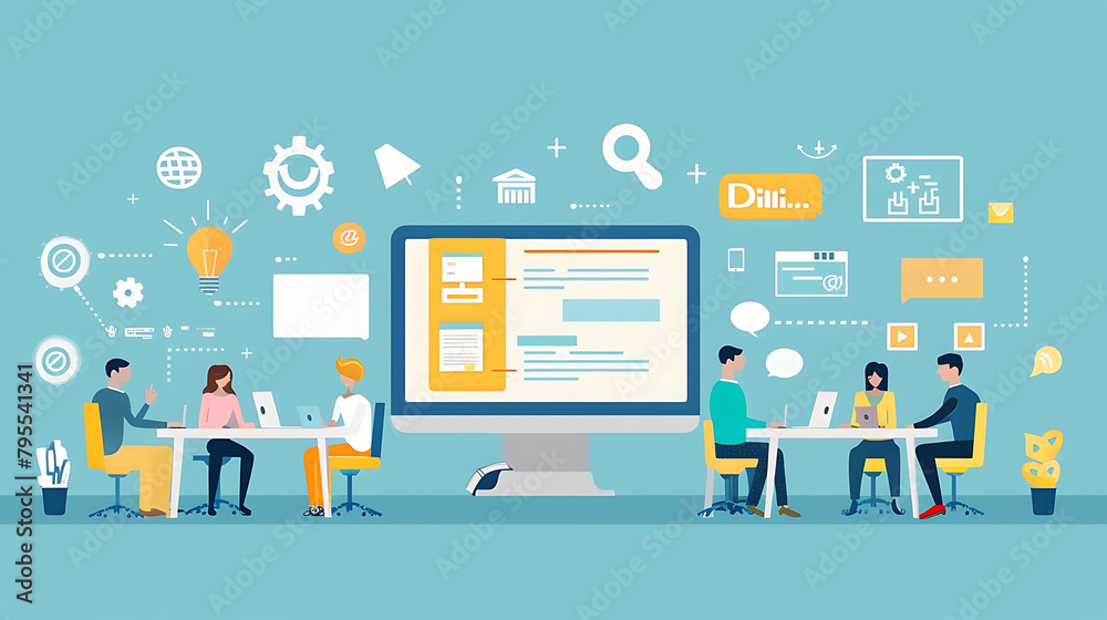remote work in the office a group of people gathered around a transparent background, seated on yel remote work in the office a group of people gathered around a transparent background, seated on yel