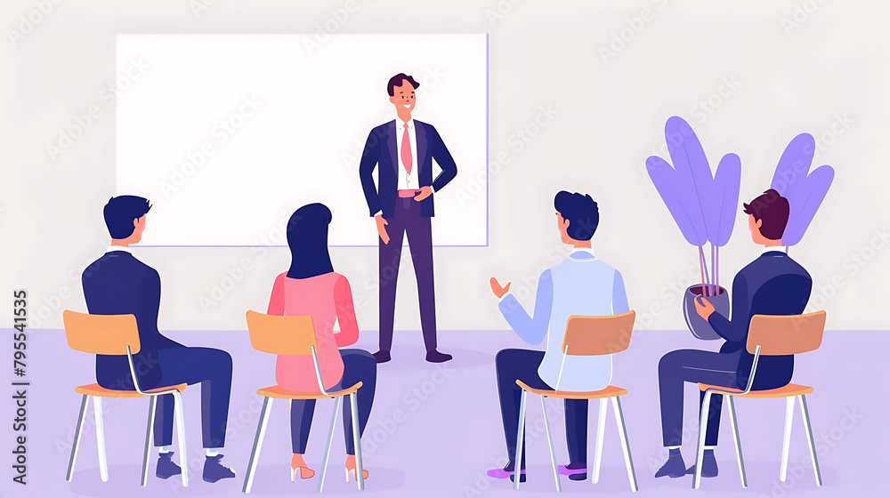 sales presentation in a conference room with a variety of chairs, including orange, blue, and black sales presentation in a conference room with a variety of chairs, including orange, blue, and black