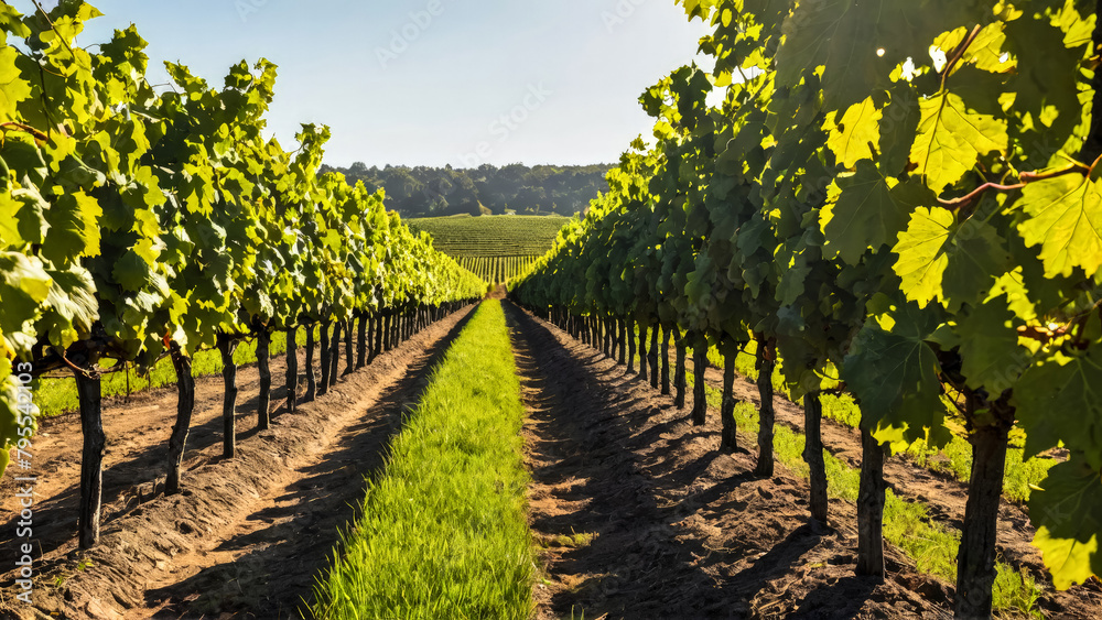 Naklejka premium Tuscan vineyard with grapes at sunset. Landscape with rows autumn vineyards and organic grapes on grape branches. Grapes ripen under rays of setting sun. Beauty of countryside. Natural palette.