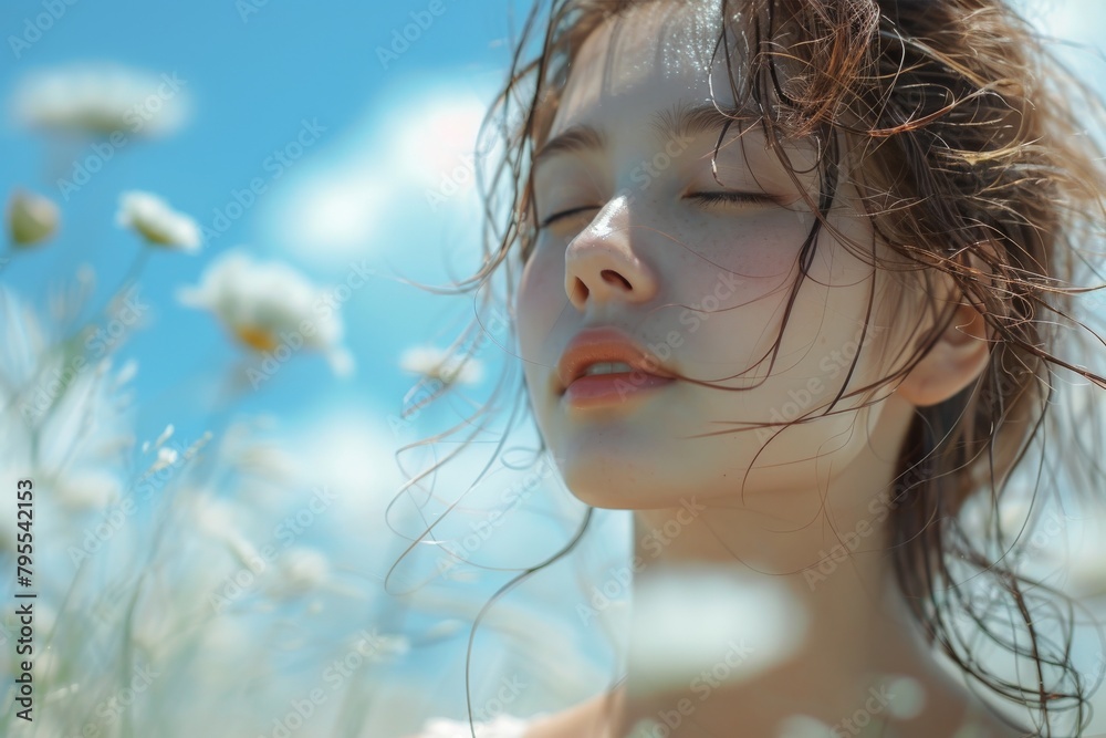 An ethereal young woman with a serene expression surrounded by white flowers and a clear blue sky An ethereal young woman with a serene expression surrounded by white flowers and a clear blue sky