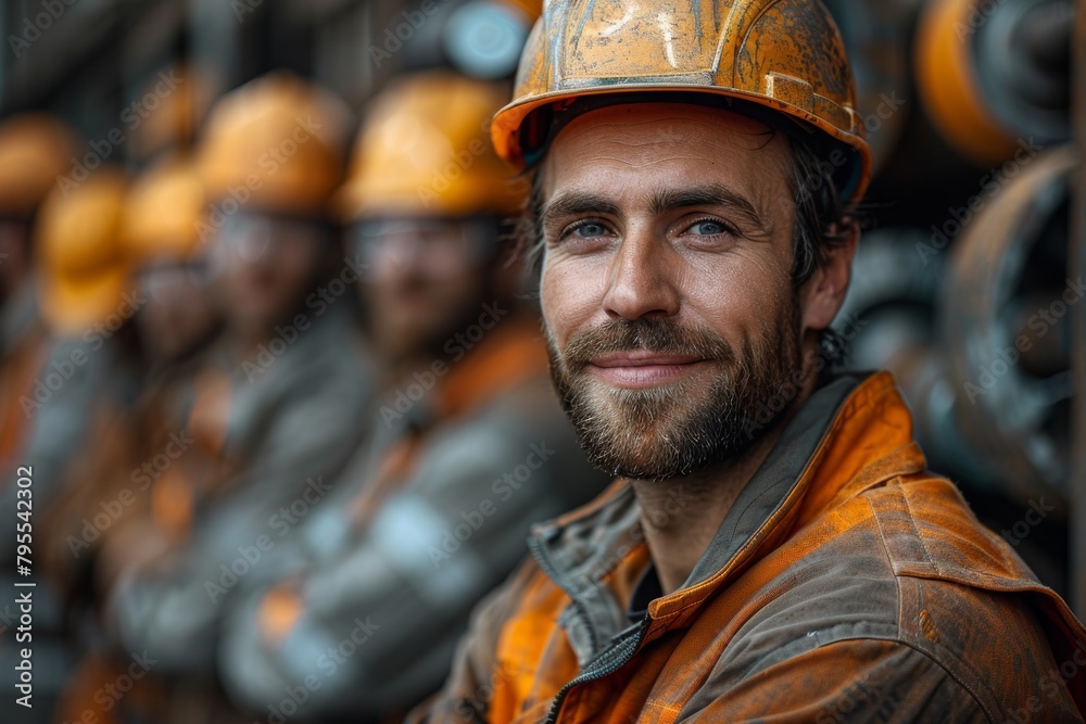 Fototapeta premium Smiling male industrial worker with a protective helmet among blurred colleagues