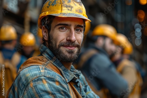 Worker in a plaid shirt and hard hat smiling confidently in an industrial setting