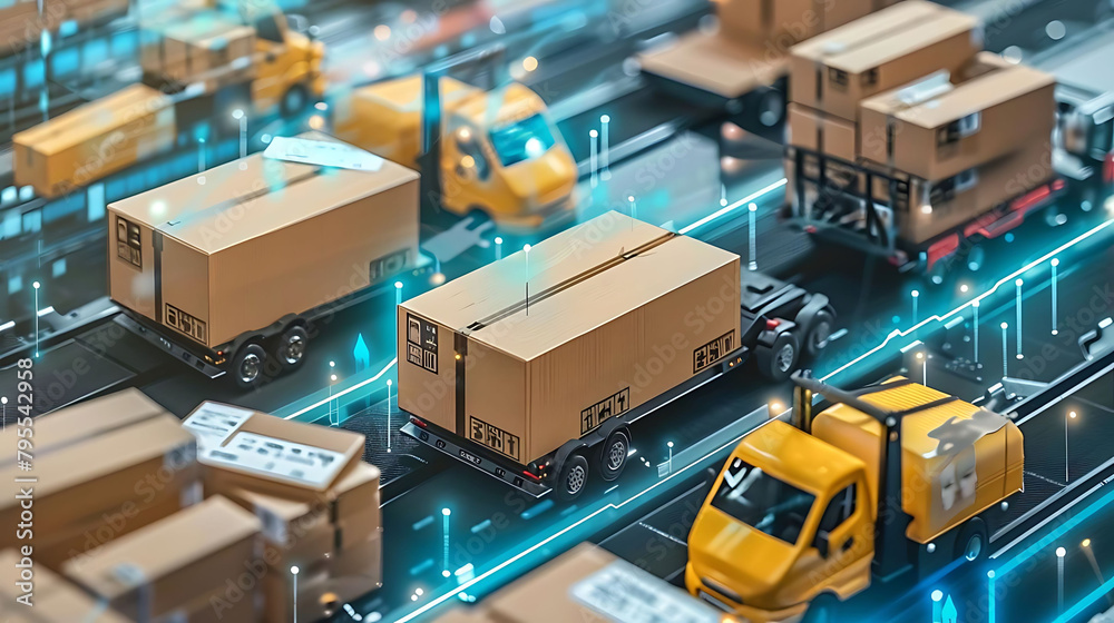 supply chain management in action a yellow truck and cab navigate through a bustling city street, p supply chain management in action a yellow truck and cab navigate through a bustling city street, p