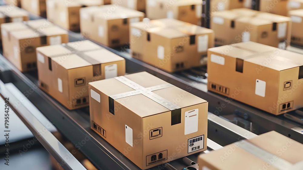 supply chain management in action boxes of various sizes and colors are stacked on a conveyor belt, supply chain management in action boxes of various sizes and colors are stacked on a conveyor belt,