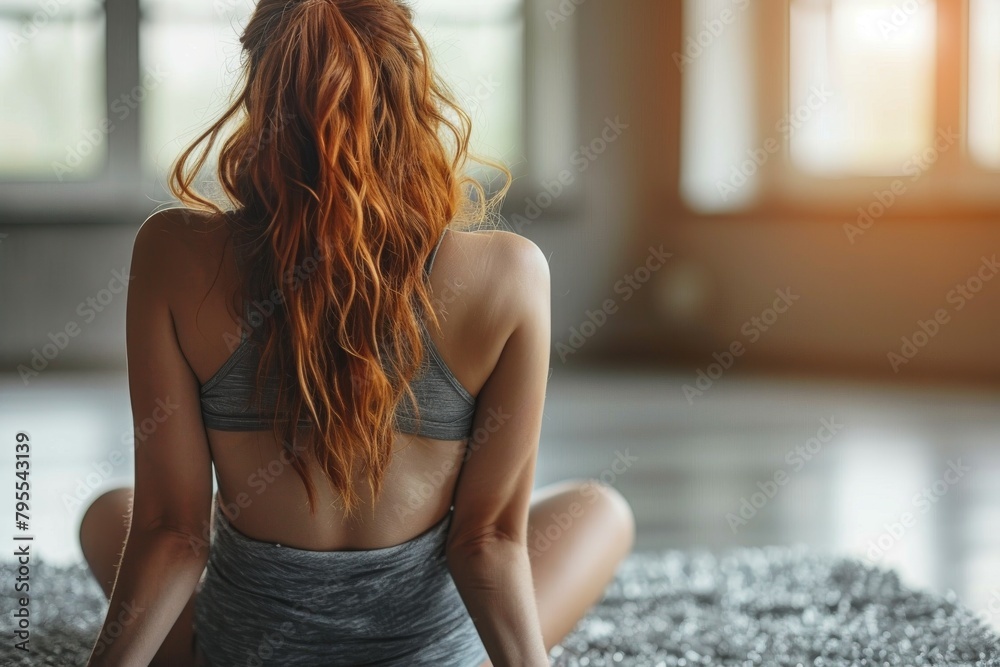A woman with striking red hair finds tranquility and focus while practicing yoga in a serene, sunlit room A woman with striking red hair finds tranquility and focus while practicing yoga in a serene, sunlit room