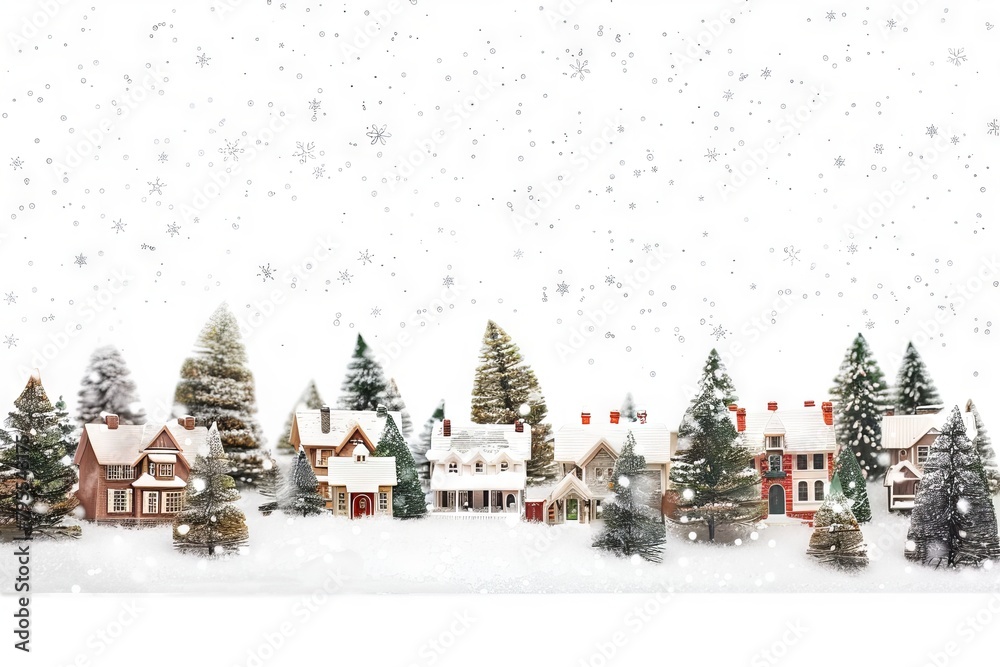 Snowy Christmas village on a soft transparent white backdrop, perfect for winter-themed designs