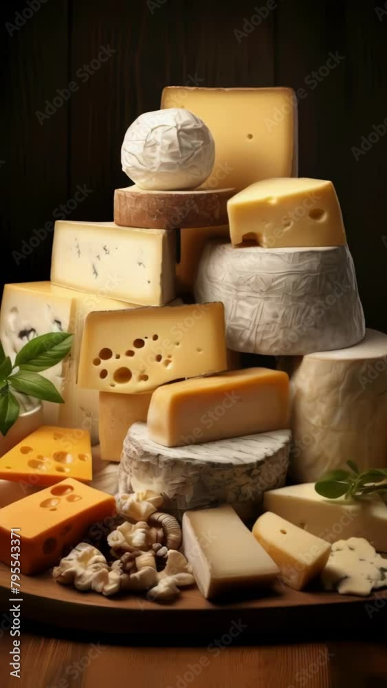 A variety of cheeses are displayed on a wooden tray