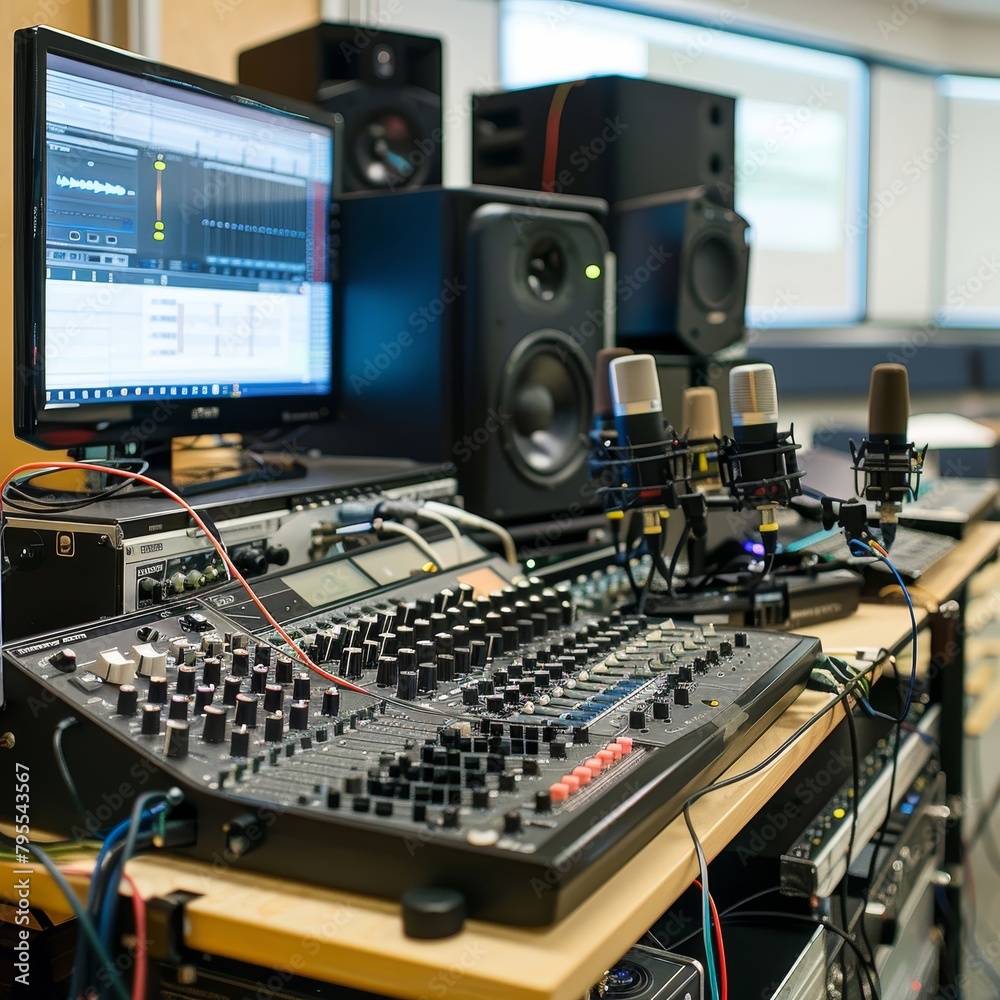 A large sound board with many knobs and buttons A large sound board with many knobs and buttons