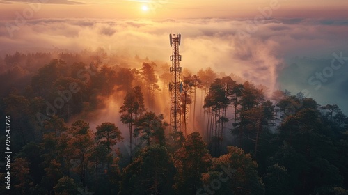 Cell tower peering over misty forest at sunrise, golden hour lighting, aerial view, soft focus