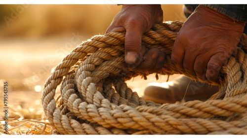   A person tightly grips a rope in a close-up shot, their hands fully encircling it On the other side, a solitary shoe is suspended in the air photo