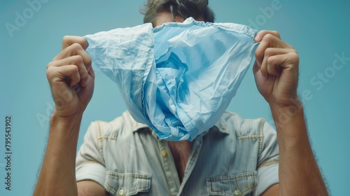  A man holds a blue paper before his face against a backdrop of a blue sky