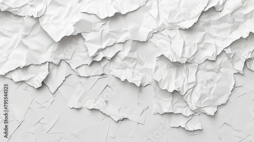  A tight shot of a pristine white wall adorned with numerous ripped fragments of identical white paper