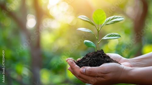  A person holds a small plant with dirt in the foreground Sunlight filters through trees in the background