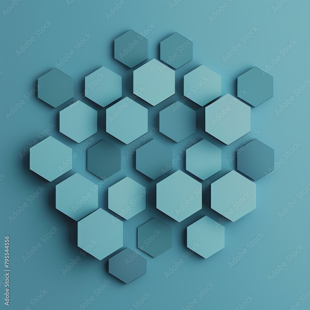 Geometric cyan hexagons arranged rhythmically across a minimalist 2D card - obrazy, fototapety, plakaty 