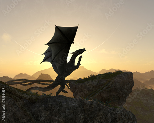 Illustration of a dragon standing on an outcropping with spread wings and head up on a fantasy world.