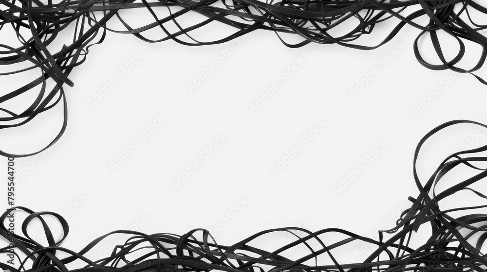 A stack of black rubber bands atop a white table, empty white expanse in the image's heart A stack of black rubber bands atop a white table, empty white expanse in the image's heart
