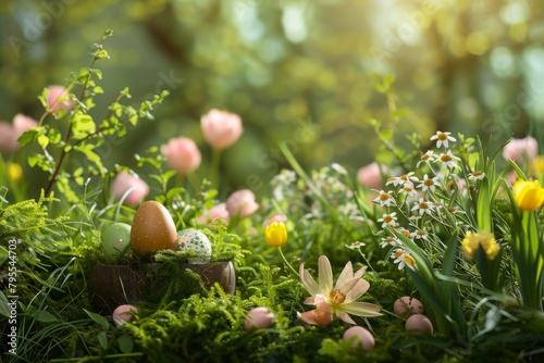Springtime Easter scene with blooming flowers and green foliage