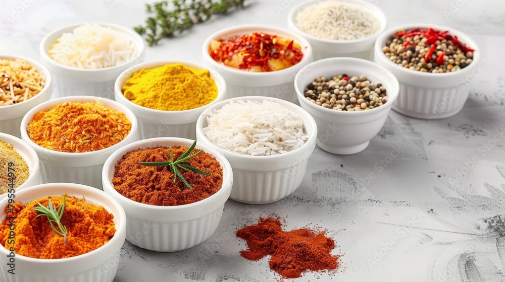   A table, topped with bowls holding various spices and seasonings, accompanies a sprig of rosemary