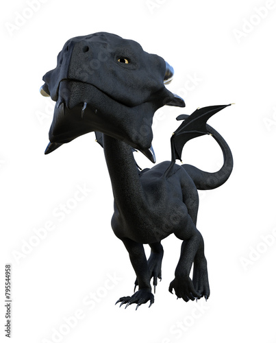 Illustration of a small black dragon walking with closed mouth and tiny wings isolated on a white background.