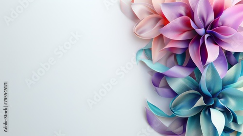   A tight shot of a single flower against a white backdrop, with a blue and pink blossom subtly peeking from the left side photo