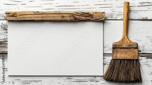   A broom and a white-lined paper rested atop white-painted wood planks, their handles aligning in unity photo