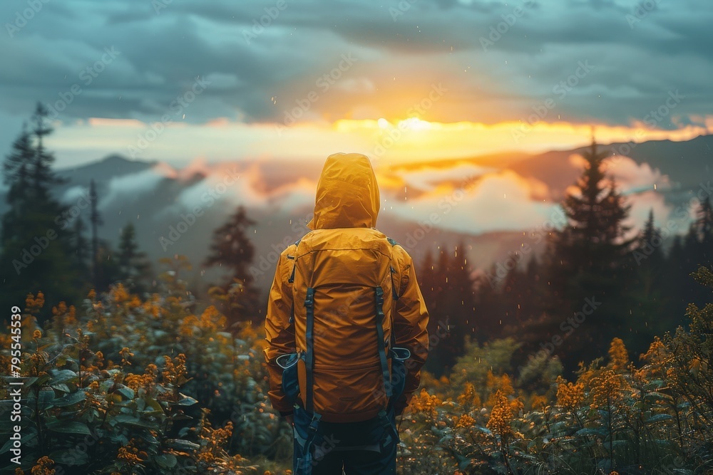 An adventurous hiker in a yellow jacket observes a captivating sunrise from a mountain viewpoint, emphasizing exploration and awe An adventurous hiker in a yellow jacket observes a captivating sunrise from a mountain viewpoint, emphasizing exploration and awe