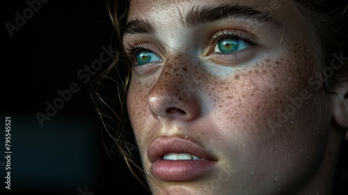   A close-up of a woman with numerous freckles covering her face