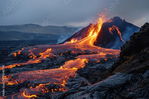 Lava flow flows down the mountain, Frightening dangerous landscape, Ai generated © Tanu