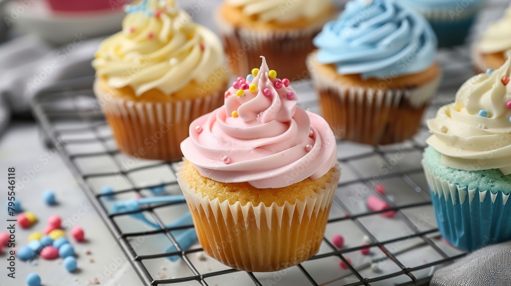 There are several cupcakes with different colored frosting and decorations on a table.

