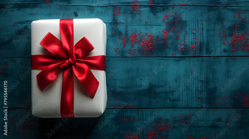 Fototapeta premium Elegant White Gift Wrapped with a Red Satin Ribbon on a Textured Blue Background