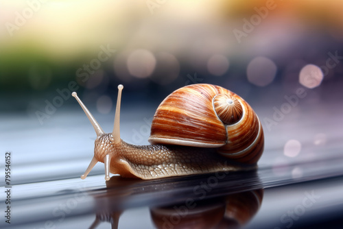 Snail crawling on the table with bokeh background.