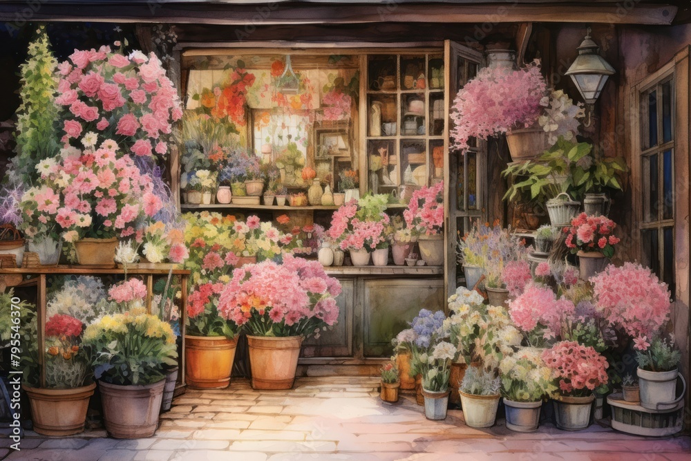 Flower shop watercolor art painting outdoors.