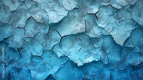   A tight shot of a blue-and-white wall, displaying cracks in its midsection, and water pooled at its base photo