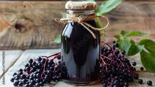 A jar of black elder syrup with fresh Sambucus nigra berries photo