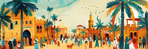 Illustration of the atmosphere of the Muslim Eid al-Fitr holiday in the Middle East, people meeting outdoors, with traditional buildings and date palm trees.