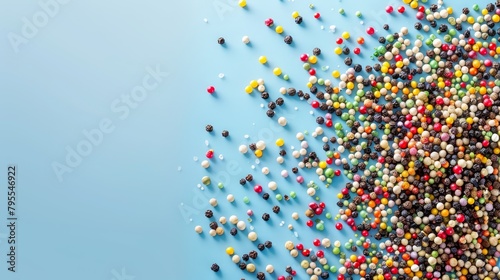  A large collection of multicolored candies against a blue backdrop A smaller group of similarly colored candies also features on the blue background