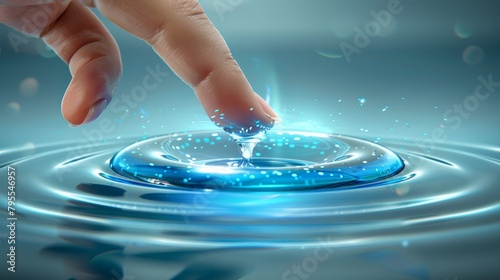  A hand hovers close, touching a single water drop as it floats above the still surface of a pool