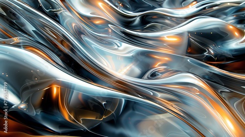 A dynamic background of swirling abstract shapes on polished metallic surfaces.
