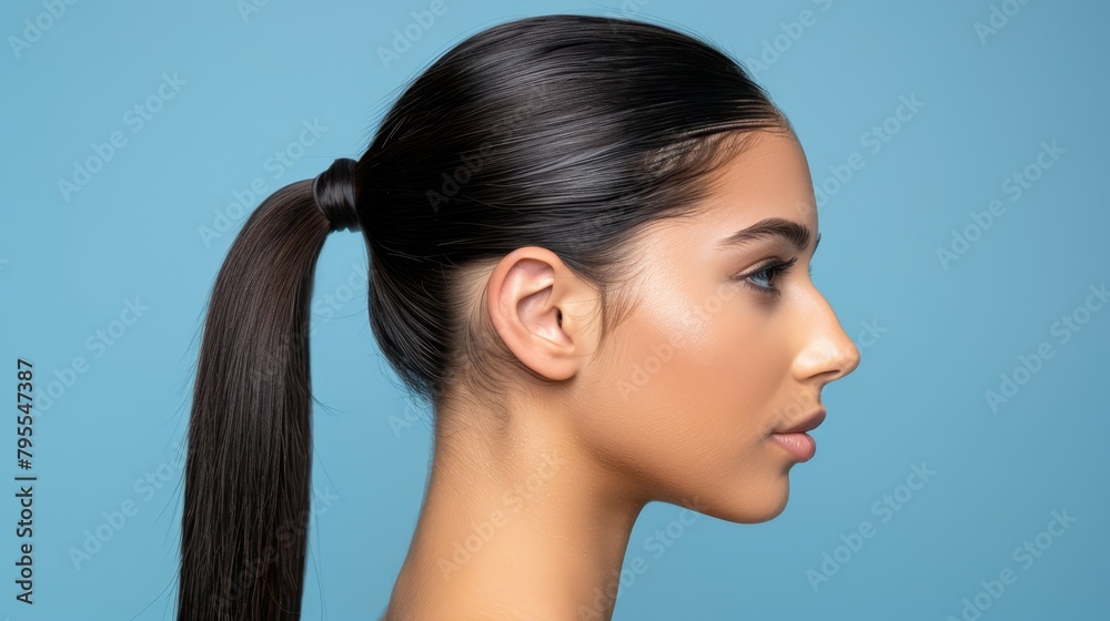   A woman with a single ponytail atop her head, silhouetted against a blue background