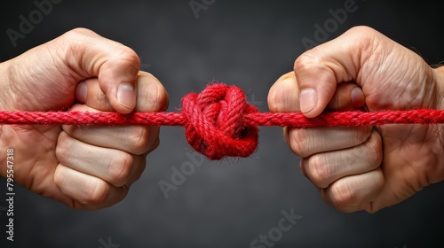  A tight shot of two hands gripping a rope, knots present at its middle