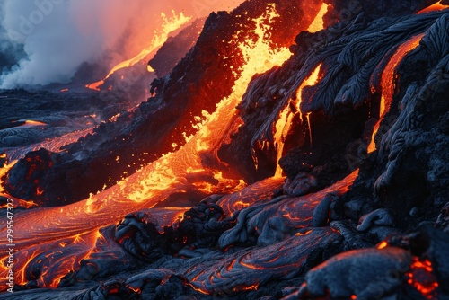 Lava flow flows down the mountain, Frightening dangerous landscape, Ai generated