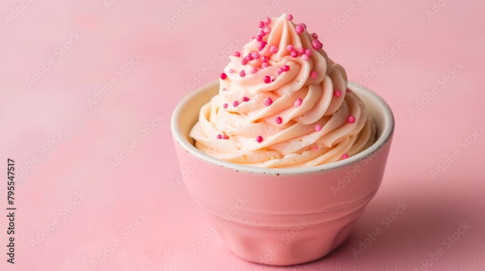 A pink cup adorned with pink frosting and sprinkles rests atop a uniform pink surface A pink cup adorned with pink frosting and sprinkles rests atop a uniform pink surface