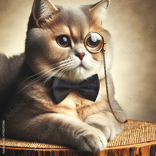 A solid cat with a bow tie and a pince-nez