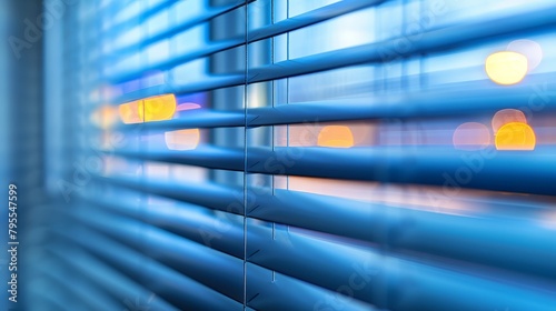    a window featuring blue blinds In the backdrop  a distinct building is visible