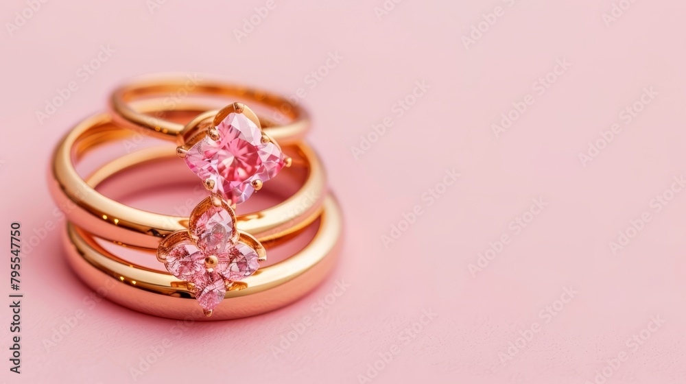 A close-up of three golden rings, each set with a pink stone, against a single pink background A close-up of three golden rings, each set with a pink stone, against a single pink background
