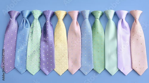   A lineup of diverse ties, each boasting unique colors, arranged against a backdrop of blue and purple, culminating in white polka-dotted ends photo