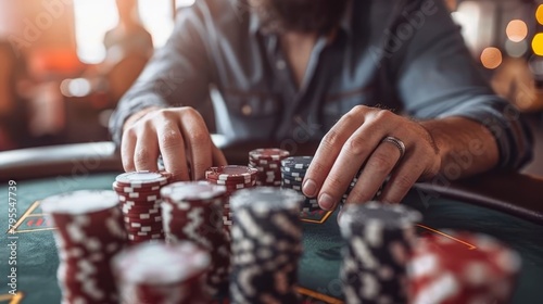   A man engages in poker game at a casino table, chips in hand and stack nearby photo