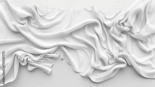  A tight shot of a pristine white cloth atop a blank white surface, draped with an extended, flowing white fabric