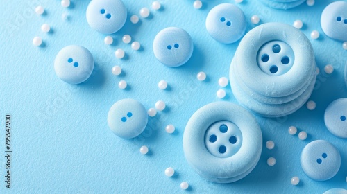   A collection of blue and white buttons arranges on a blue backdrop, each topped with white dot accents at their bases photo