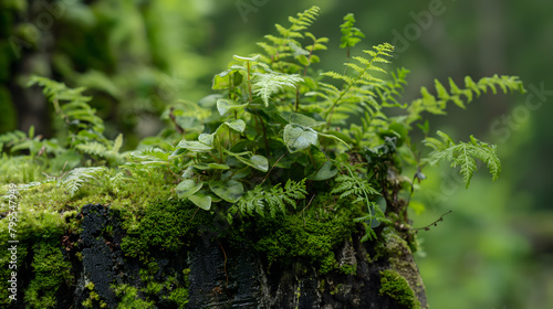 Lush Green Ferns and Moss Thriving on a Fallen Tree Trunk in a Forest